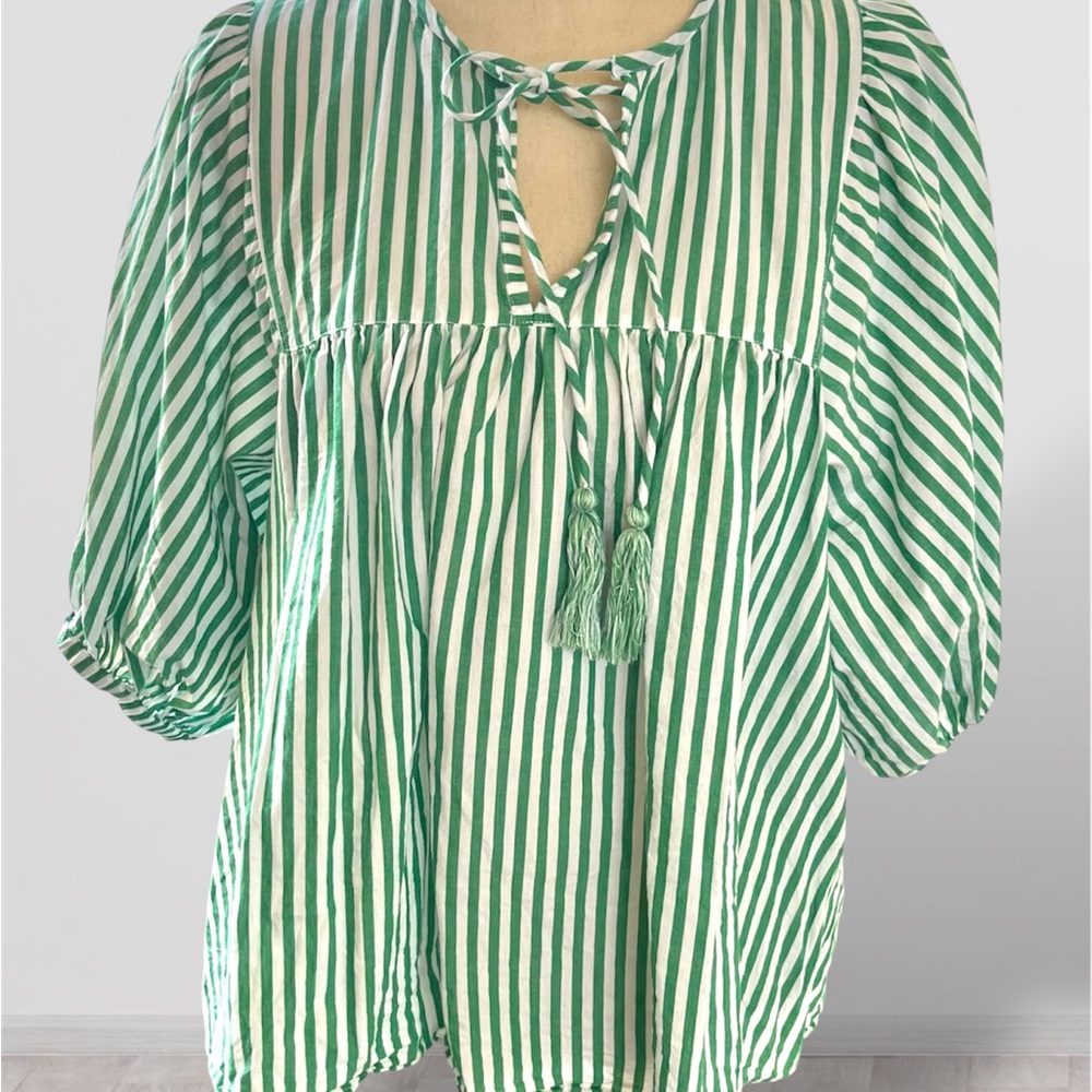Philosophy Size XL Top Green White Stripe Cotton Blouse V Neck Tie Springtime